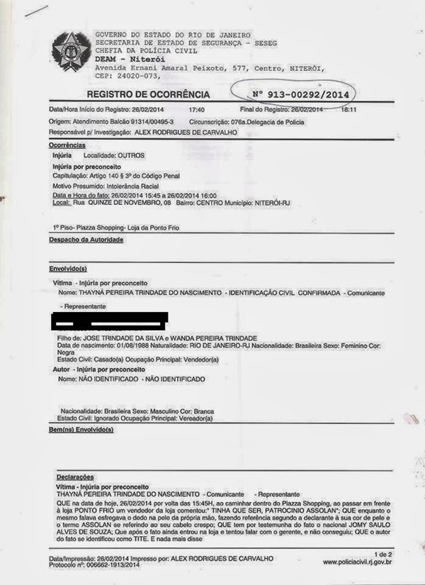 Registro de ocorrencia racismo funcionário ponto frio