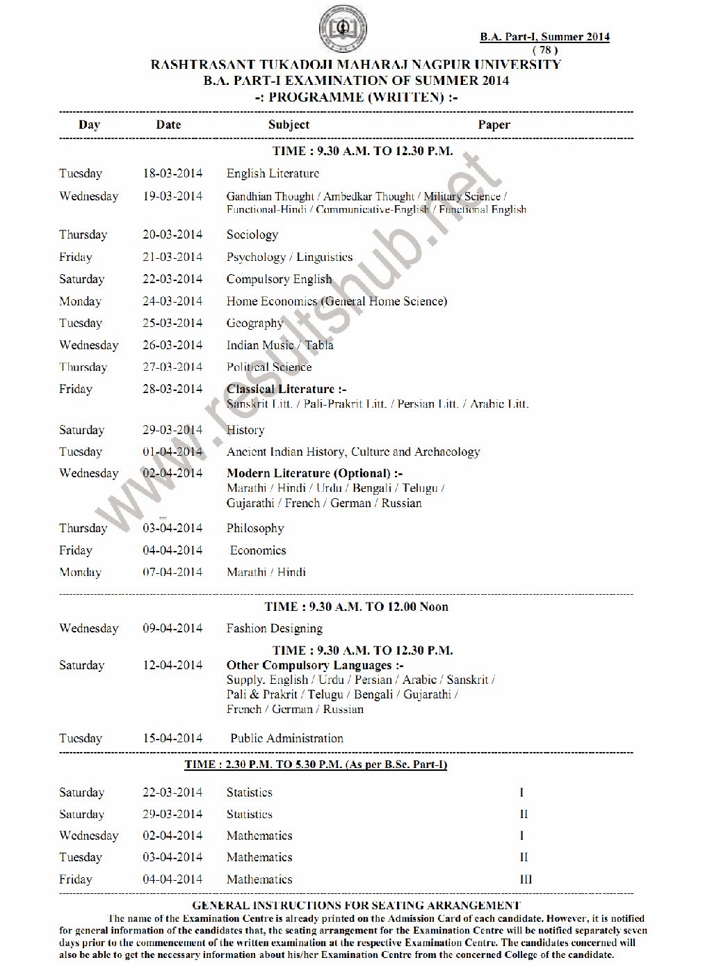 BA Part 1 First Year Summer 2014 Exam Timetable RTM Nagpur University 