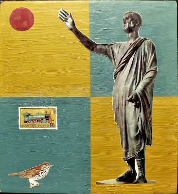 train postage stamp sparrow bird sun flag star classical Roman statue Dada Fluxus collage 