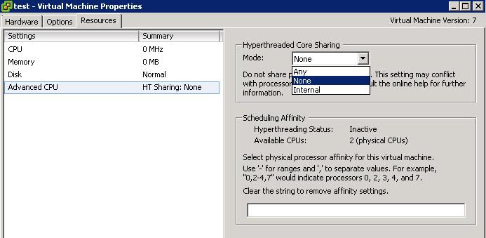 Using VMWare CPU Affinity - Hyperthreaded Core Sharing (HT Sharing)