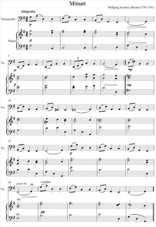 Mozart Minuet Partituras para Violonchelo