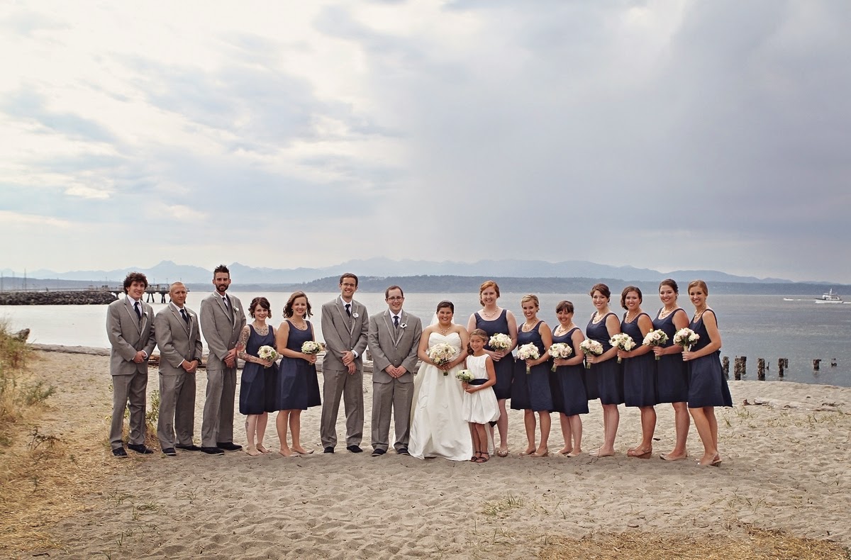 Nate and Molly's wedding party on the beach - Holly Aprecio Photography Mixed wedding party - groom's people - Patricia Stimac, Seattle Wedding Officiant