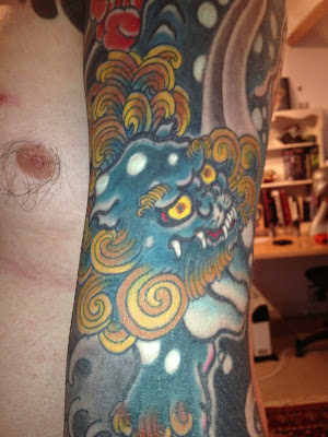 Foo dog and peony Japanese tattoo sleeve by Diego Azaldegui