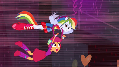 Winged humanised Rainbow Dash gives Scootaloo a lift