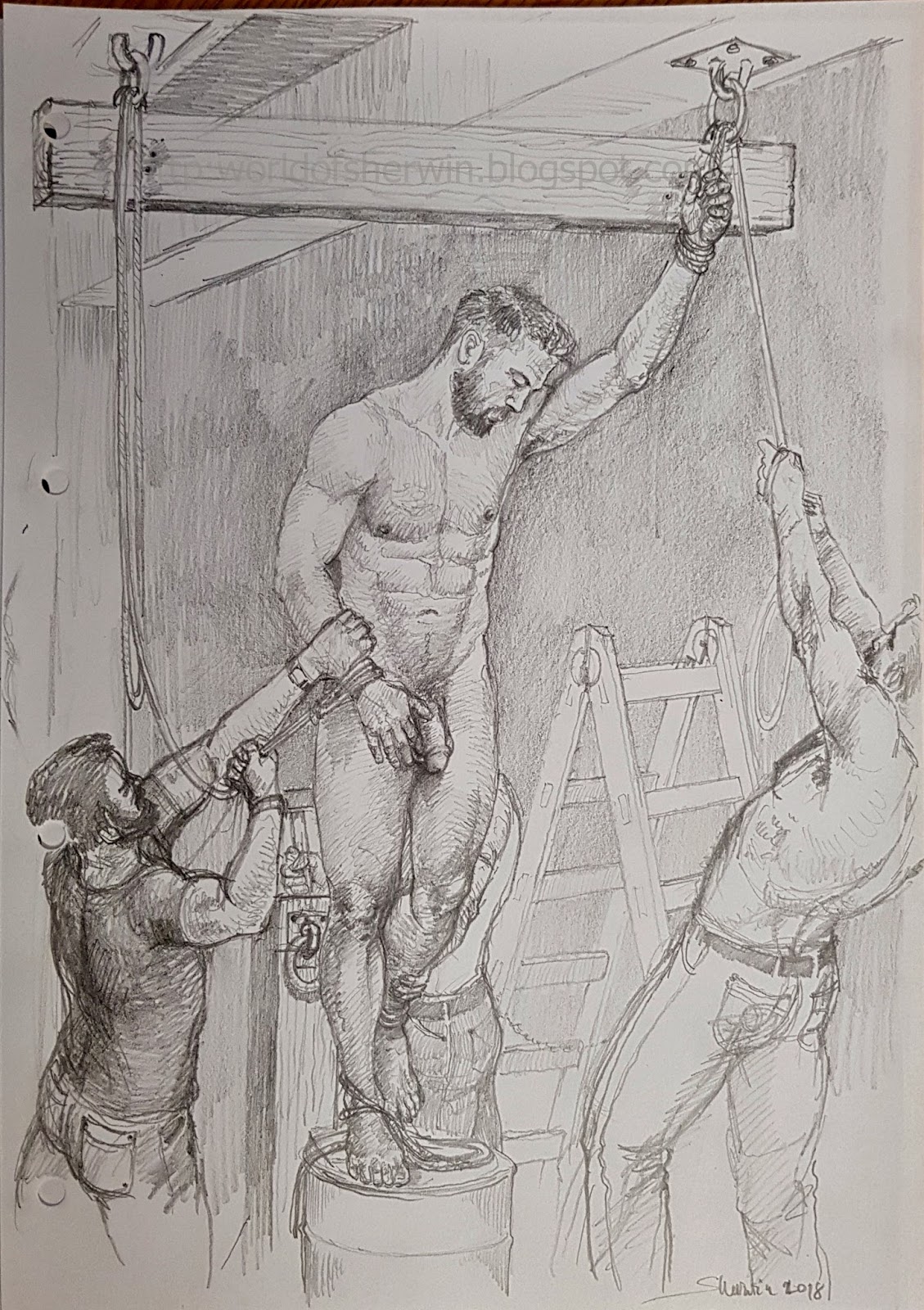A drawing of a man in bondage