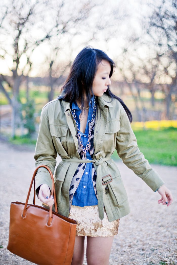 j crew safari commodore jacket, vintage gold chain jewelry, forever 21 chambray shirt, charlotte russe gold sequin skirt, zara gold block heels, austin streetstyle, austin fashion, austin fashion blog, texas fashion