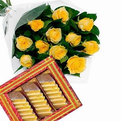 Top Yellow Roses with Kaju Sweet Flowers delivery in India Top Yellow Roses with Kaju Sweet Flowers delivery in India