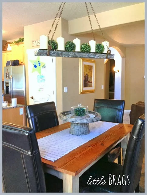 Reclaimed wood candle chandelier by Little Brags featured on http://www.ilovethatjunk.com