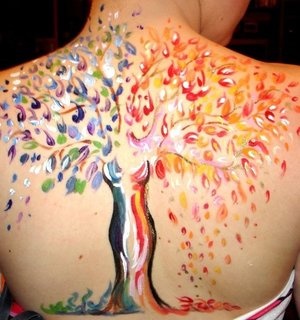 Colorful blossom tree tattoo on full back body 