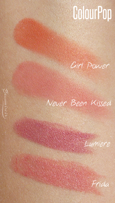 ColourPop makeup: swatches of Girl Power Super Shock Pigment, Never Been Kissed Super Shock Cheek, Lumiere, Frida Lippie Stix