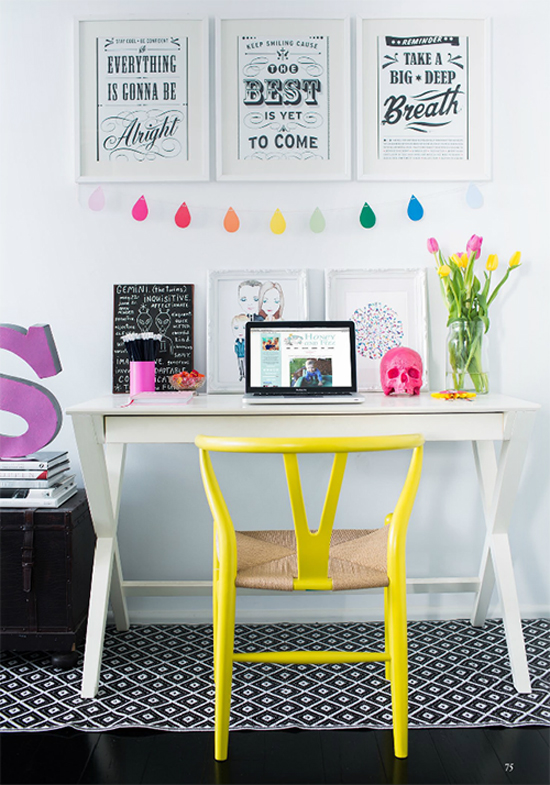 Home office with yellow chair. Photo via Adore magazine (found via half asleep studio).