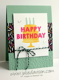 Occasions Catalog Sneak Peek: Party Wishes Birthday Card with It's My Party DSP, Party Punch Pack, Confetti Embossing Folder #stampinup www.juliedavison.com