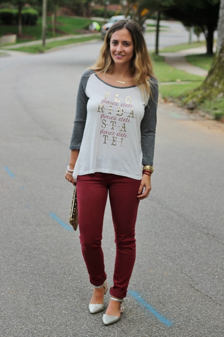 Bedazzles After Dark Game Day Outfit FSU Baseball Tee & Jeans