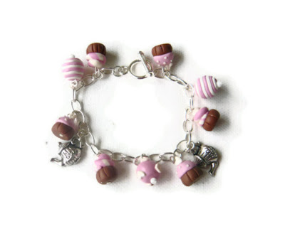 Cupcake Charm Bracelet - Pink Cupcakes & Tea Charm Bracelet Made to Order