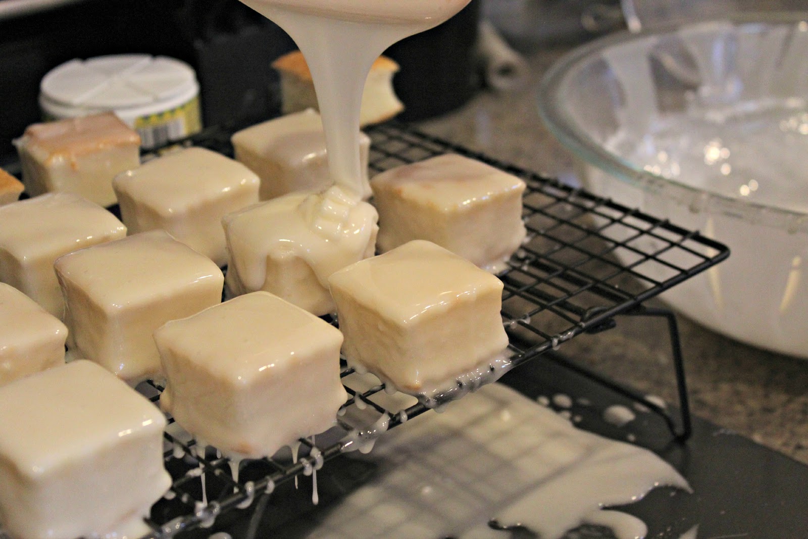 Place square pieces on a wired rack and place a cookie sheet under it. 