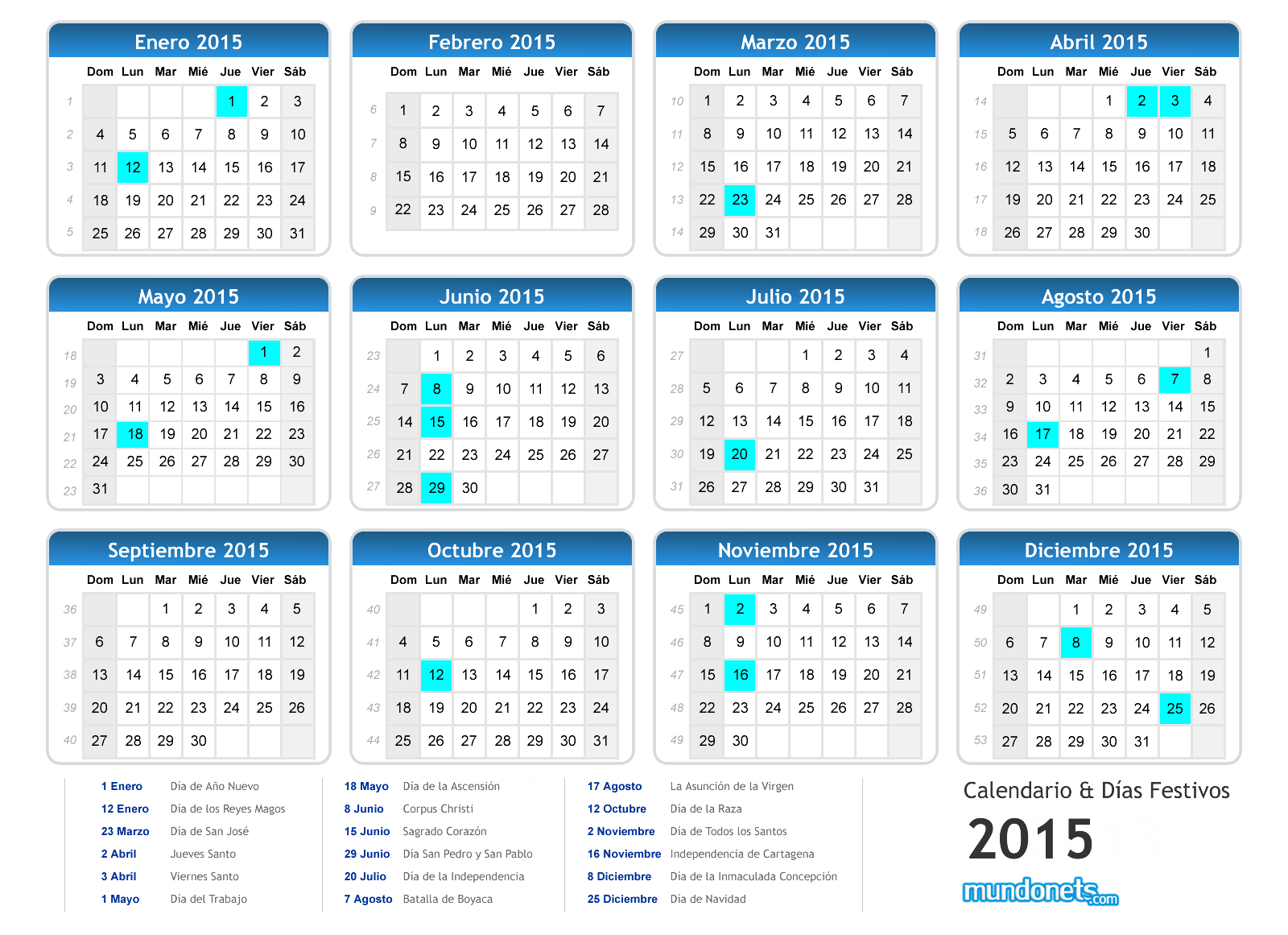 Calendario 2015 con feriados para imprimir en A4