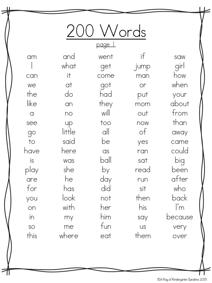 kindergarten sight word list