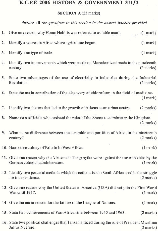 kcsepaper 2006 KCSE HISTORY AND GOVERNMENT PAPER 2