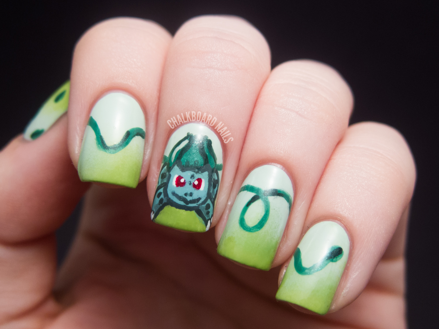 31DC2012 Day 04, Green Nails (BULBASAUR!) Chalkboard Nails Nail