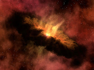 [un buco nero di grandi dimensioni con intorno stelle, polvere e gas intorno su uno sfondo rosso di stelle]
