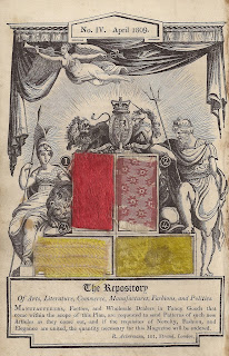 Allegorical woodcut from April 1809 issue of Ackermann’s Repository of Arts, with samples of scarlet and gold furniture calico, a striped ‘Scotia silk’, and a spotted muslin. Author’s collection. 