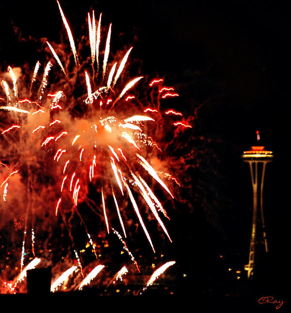 Seattle fireworks display with Space Needle