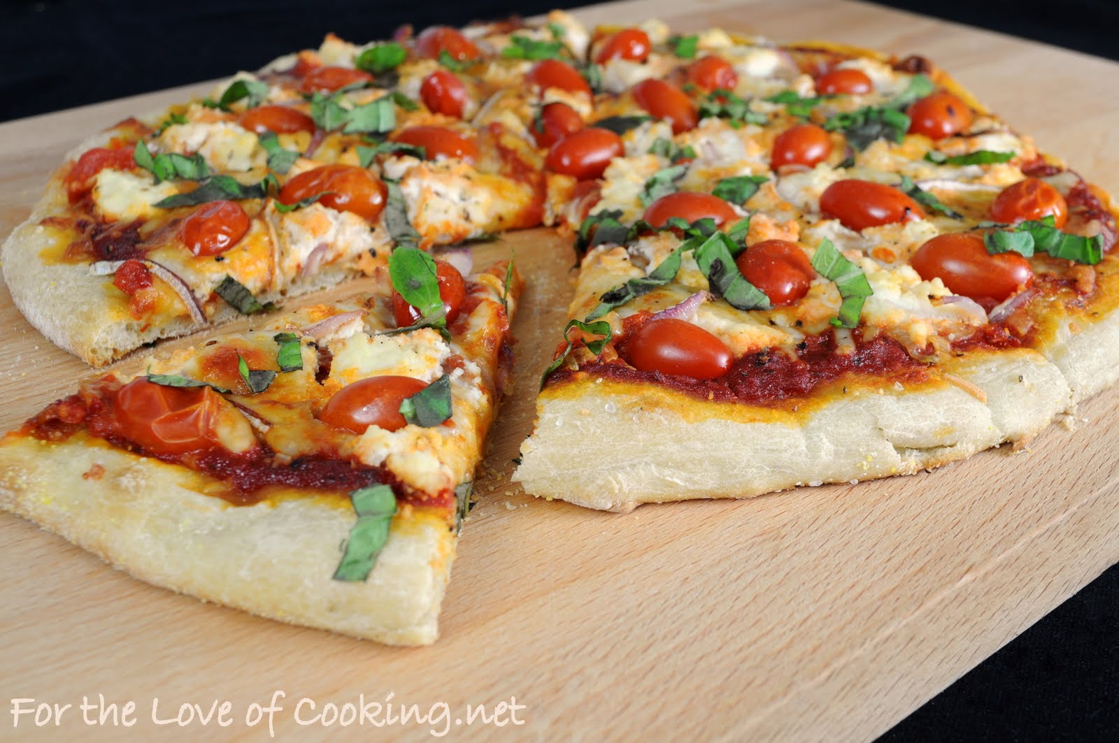 Pizza with Ricotta, Grape Tomatoes, Red Onion, and Fresh Basil For