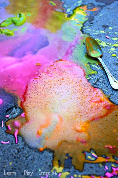 Erupting sidewalk chalk paint recipe - no vinegar needed!  Simple recipe for play that kids of all ages will love.