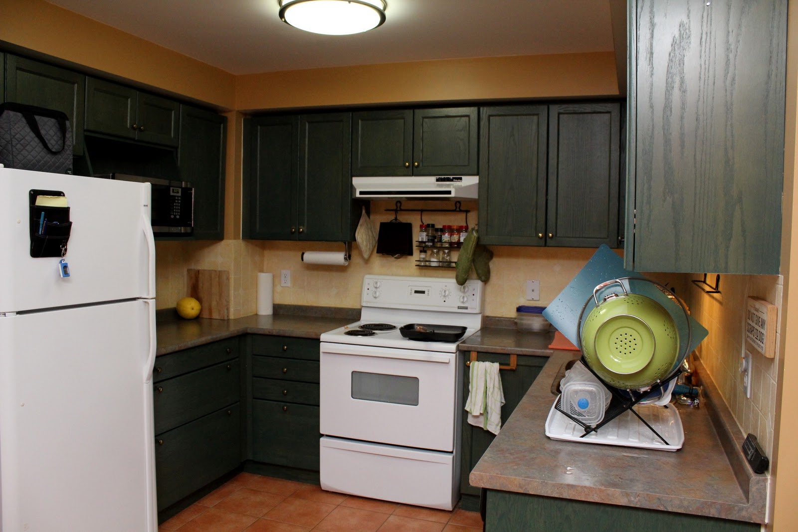 Brown Painted Kitchen Cabinets With White Appliances 2