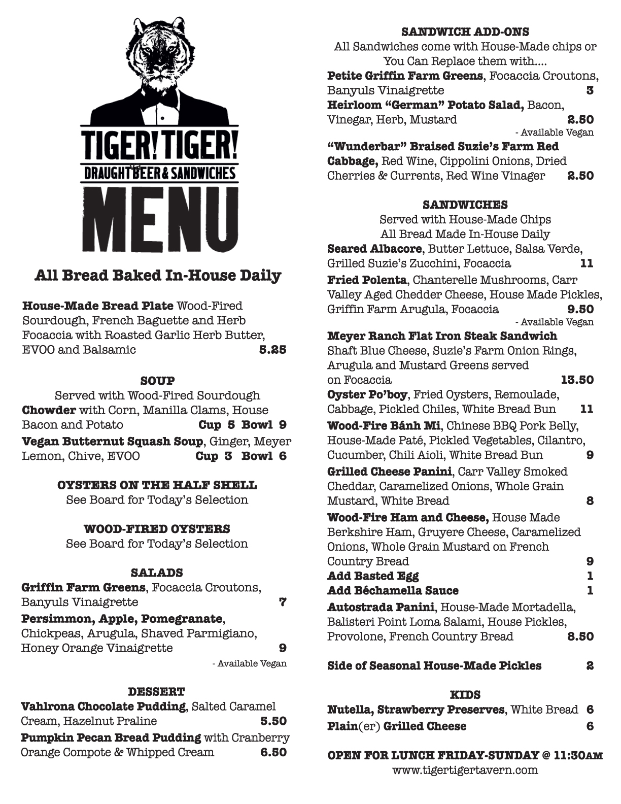 Tiger!Tiger! Sample Menu