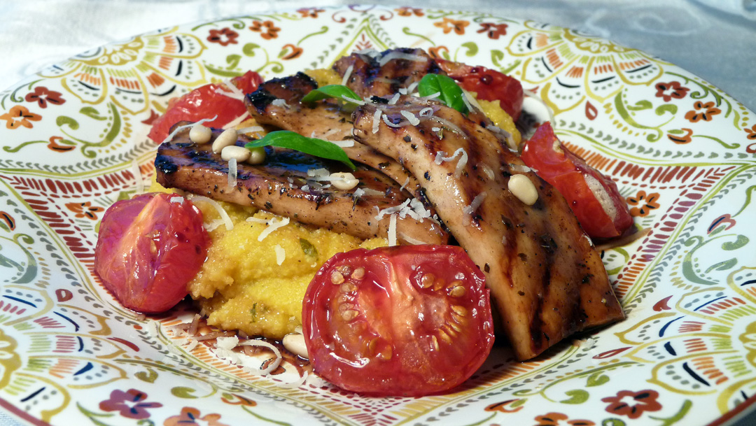 Grilled Marinated King Oyster Mushrooms and Roast Tomatoes over Lemon