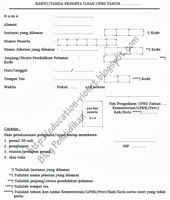 Contoh Kartu Peserta Tanda Ujian Tulis CPNS 2013