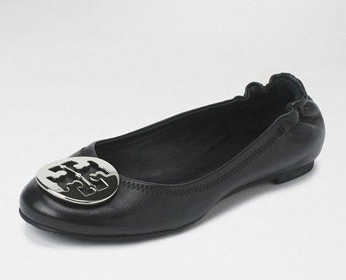 tory burch black flats with silver logo