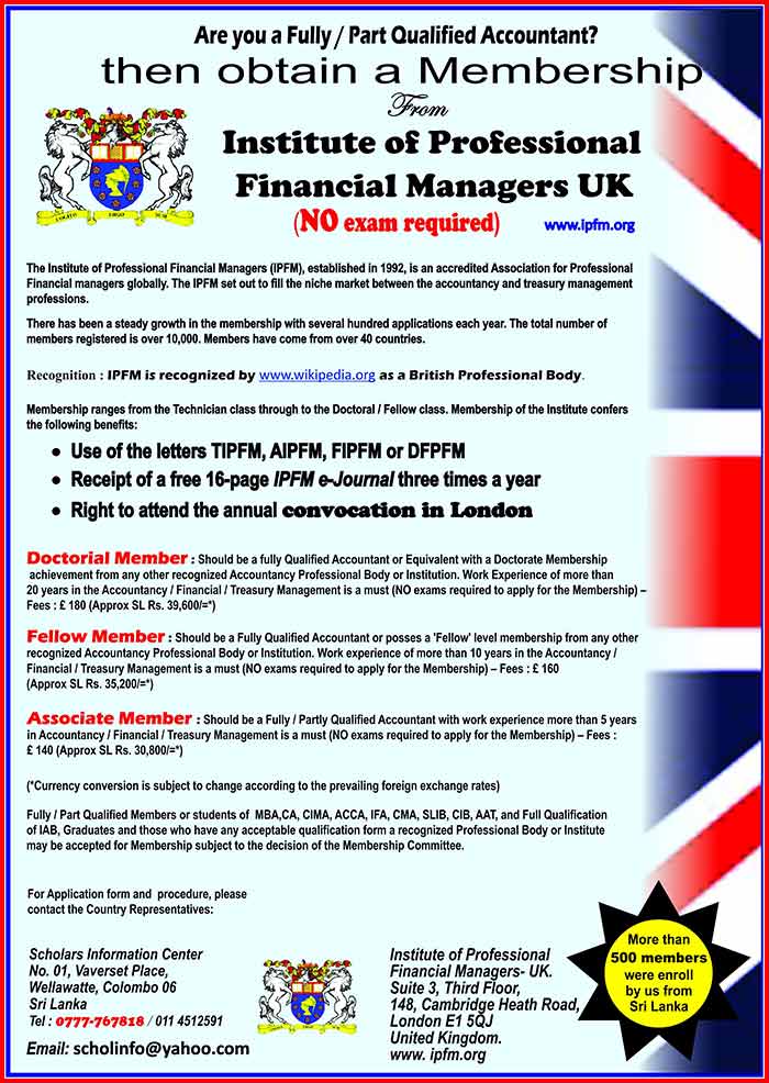 The Institute of Professional Financial Managers (IPFM), established in 1992, provides an organization for professional, financial managers. The IPFM set out to fill the niche market between the accountancy and treasury management professions.  There has been a steady growth in the membership with several hundred applications each year. The total number of members registered is over 10,000. Members have come from over 40 countries.  There has also been a steady demand from members to be representatives in their own countries. There are over 30 such representations around the world.  IPFM has established links with reciprocal bodies in Australia, Belgium, Canada, Ghana, India, Nigeria, Pakistan, South Africa, UK, USA and Zimbabwe. These bodies accept our members as their members on payment of the appropriate fee. In most instances, there is no need for our members to complete application forms other than the one on joining the IPFM.  The IPFM provides educational services to Cameroun, Cambodia, China, Gambia, Kenya, Nigeria, Russia, Swaziland and Zimbabwe. These usually take the form of our approving the educational structures of local bodies and issuing certificates and diplomas.