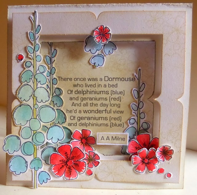 . Delphiniums (blue) and geraniums (red)