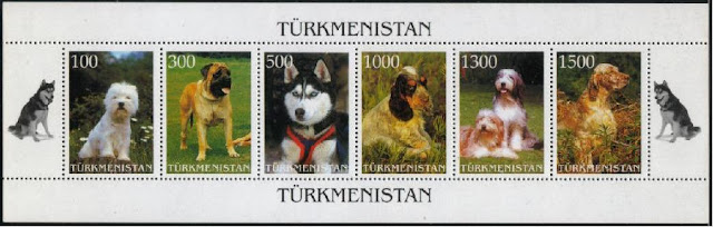 1997年トルクメニスタン　ウエスト・ハイランド・ホワイト・テリア　マスティフ　シベリアン・ハスキー　コッカー・スパニエル　ビアデッド・コリー　イングリッシュ・セターの切手シート