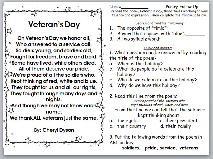 Third Grade Thinkers: Sunday's Words for the Week and a Free Veteran's