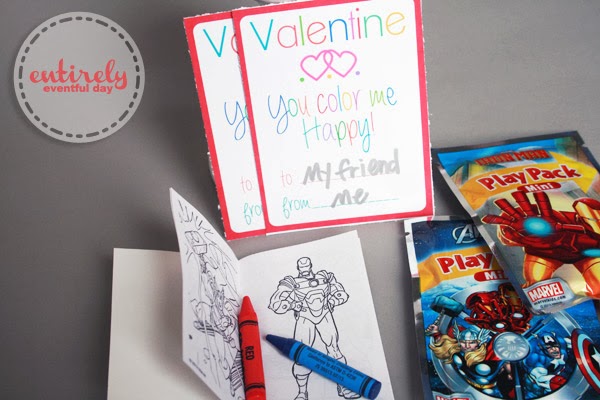 Color Me Happy Valentines. Free printable valentines. Just add one of those mini coloring book packs. Great sugar-free valentine for the little ones. #sugarfreevalentine #valentinesday #freevalentines