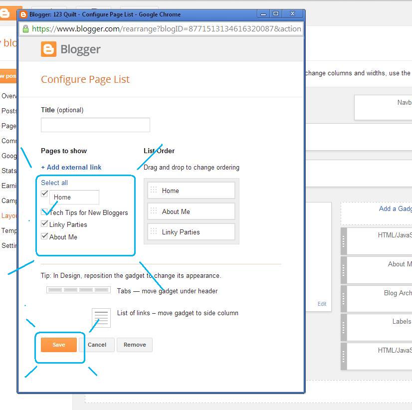 123 Quilt How to add Tabs to Your Menu Bar in Blogger