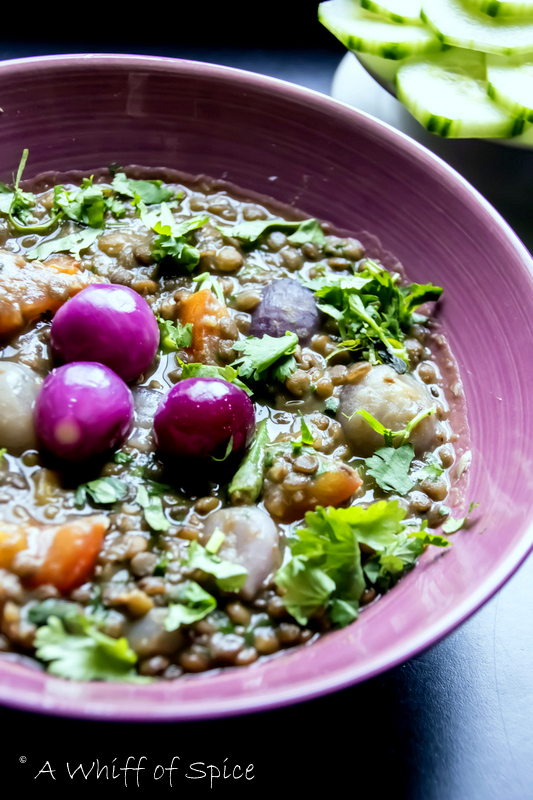 A Whiff of Spice Garlicky Brown Lentils with Pearl Onions