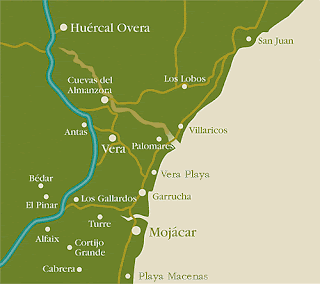 A map showing Bédar and the nearby towns down to the coast.