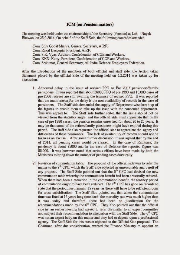 Minutes of the 25.09.2014 meeting with JCM (on Pension matters) and Secretary (Pension)