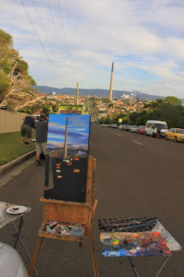 plein air painting of the Port Kembla Copper Stack by industrial heritage artist Jane Bennett plein air painting of the Port Kembla Copper Stack by industrial heritage artist Jane Bennett