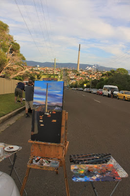 plein air painting of the Port Kembla Copper Stack by industrial heritage artist Jane Bennett