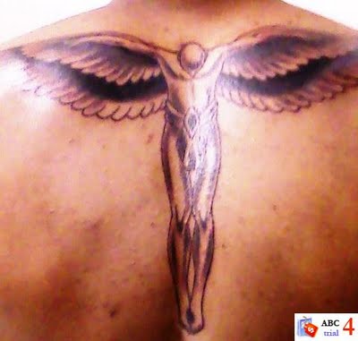 Black and Grey Ink Angel Tattoo Design for Back