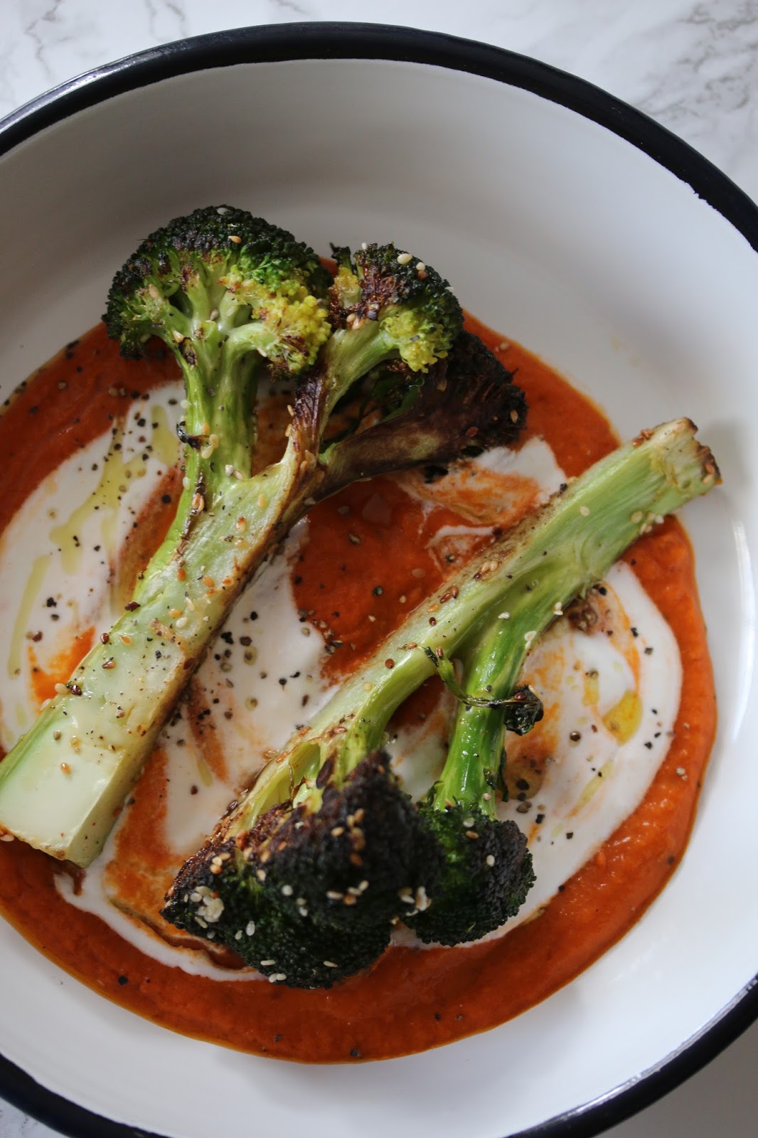 Sesame Broccoli 'Steak' with Warm Chilli Tomato Vinaigrette