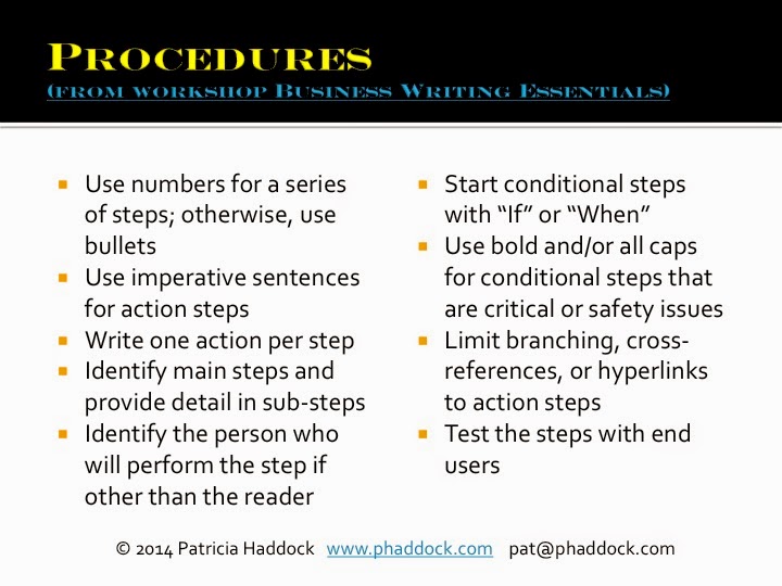 How to Write Procedures Tips for writing procedure documents, how to write procedures, business writing workshops