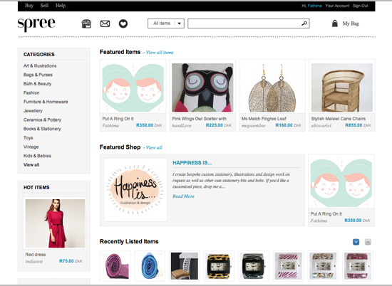 Spree - a South African online creative marketplace for independent sellers.