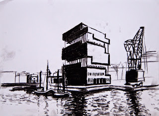 Graphic Eilandje, charcoal sketch of the MAS Antwerpen