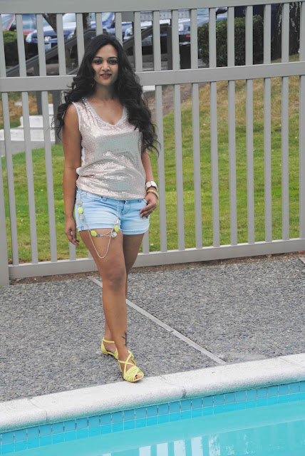 summer shorts, denim shorts for a party, sequined top, green sandals, white glasses, ananya kiran, shorts